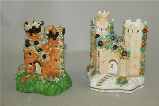 Six Staffordshire porcelain models of castles, mid 19th century, 9 - 16.5cm